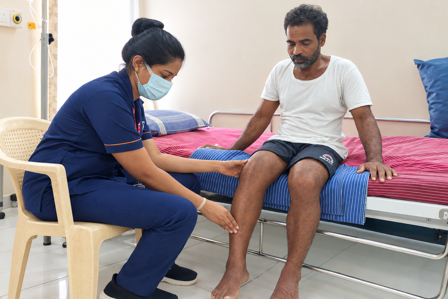 Patient performing a physiotherapist-supervised quadriceps and knee mobility exercise