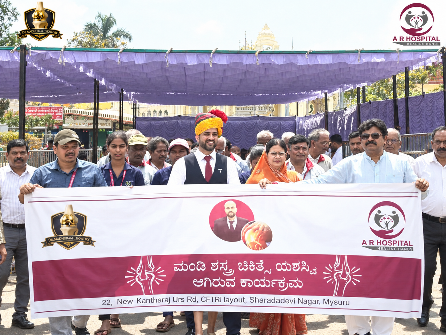 Happy Knees Walkathon flag-off at Kote Anjaneya Temple Mysore Palace gate with Dr. Madhuram Chowdry